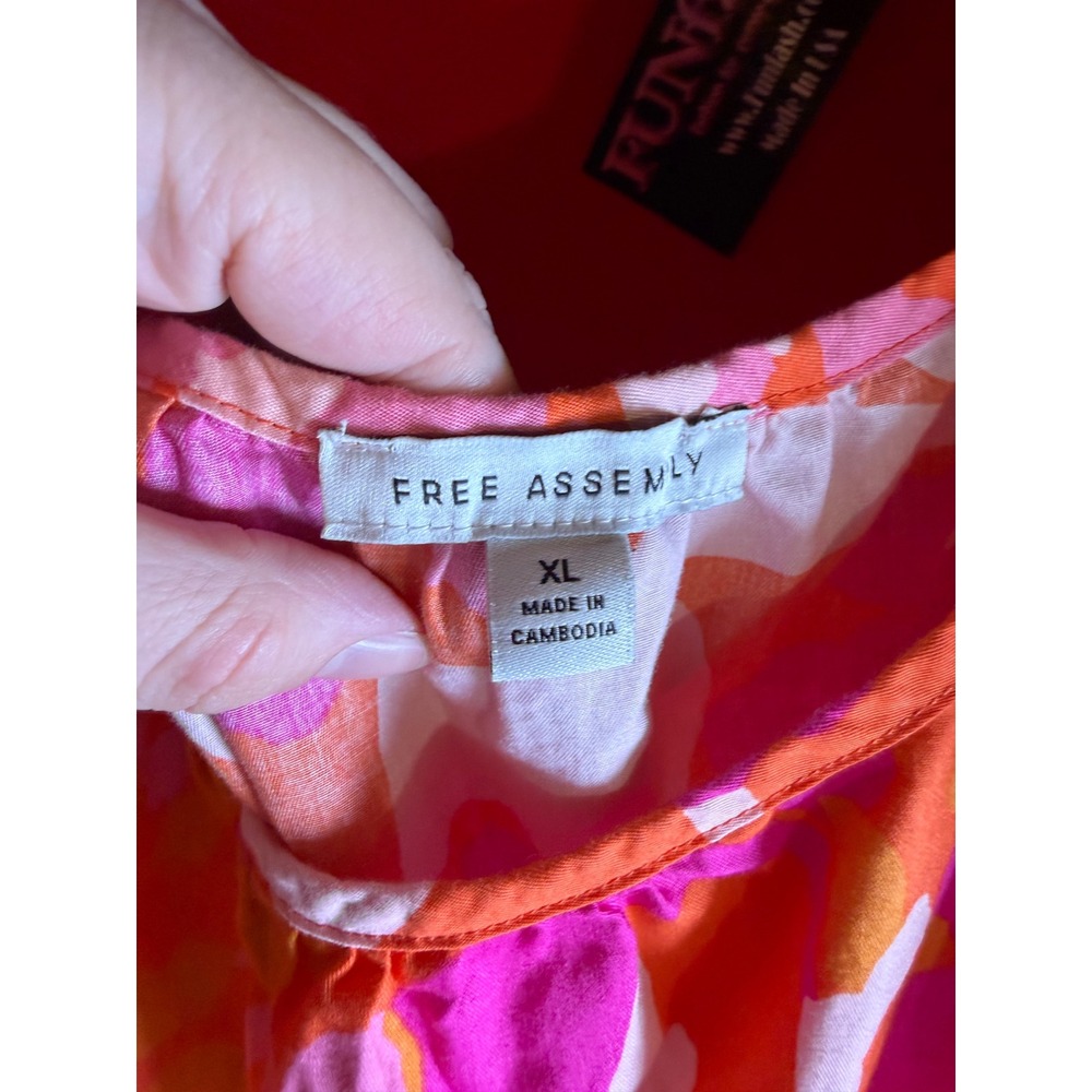 514. Boho Free Assembly Pink Orange Floral Puff Sleeve Mini Dress XL - Picture 5 of 6